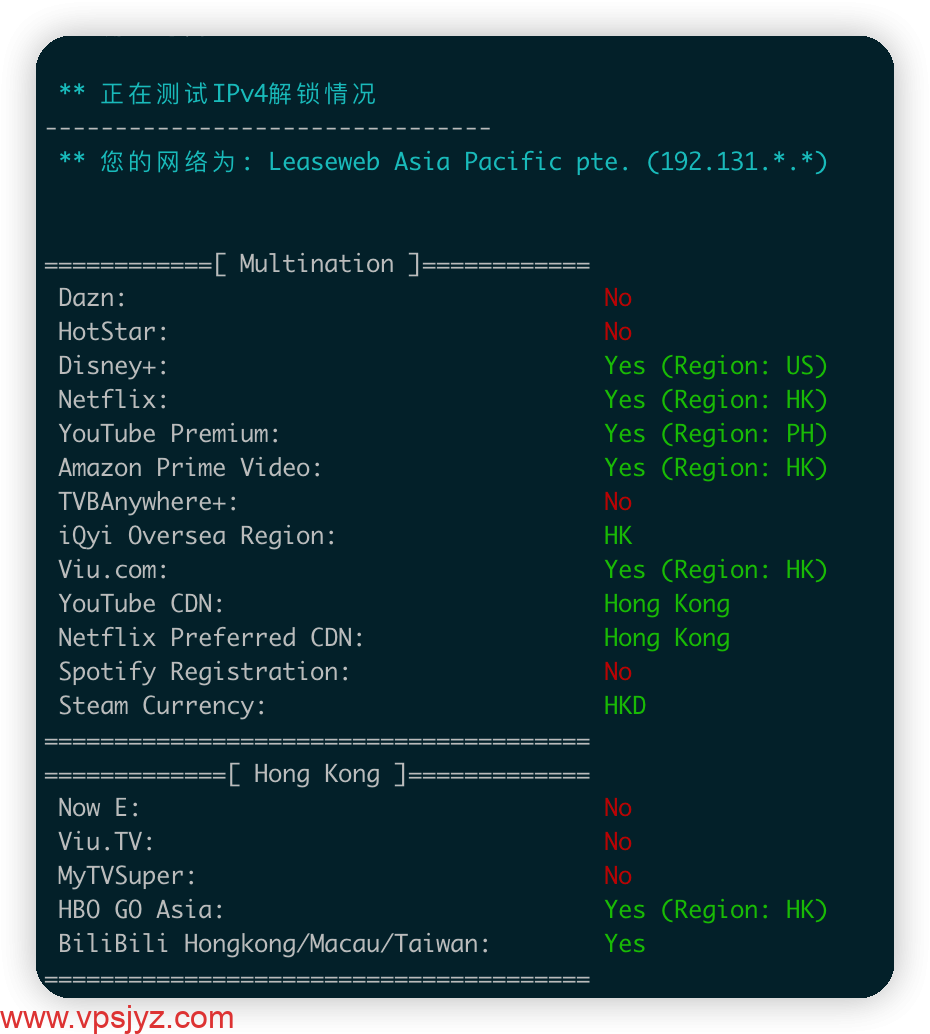 GreencloudVPS绿云VPS中国香港DC02机房流媒体解锁测试