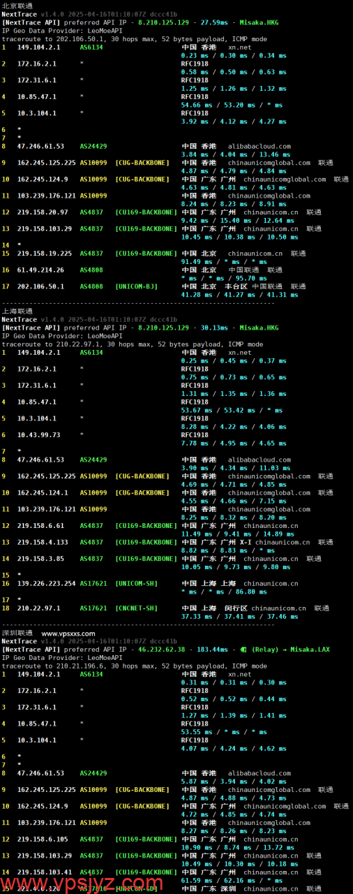 HostKvm香港三网优化线路VPS联通回程路由