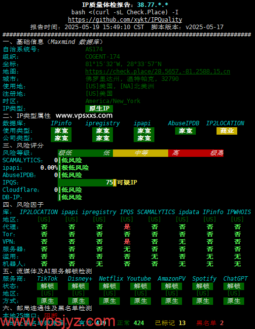 丽萨主机美国纽约家宽VPS IP质量体检报告