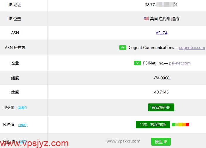 丽萨主机美国纽约家宽VPS ping0.cc检测