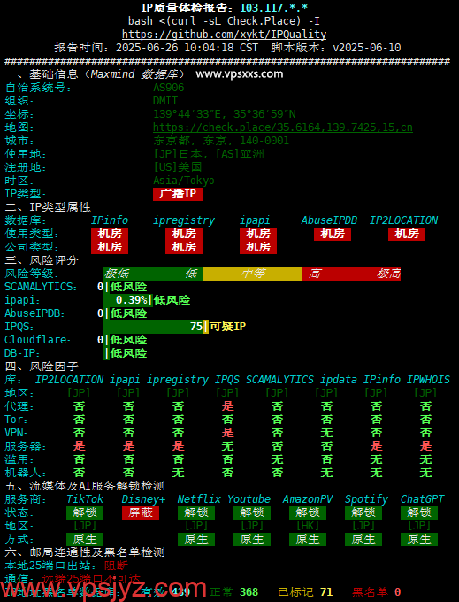 DMIT日本CN2 GIA VPS IP质量体检报告