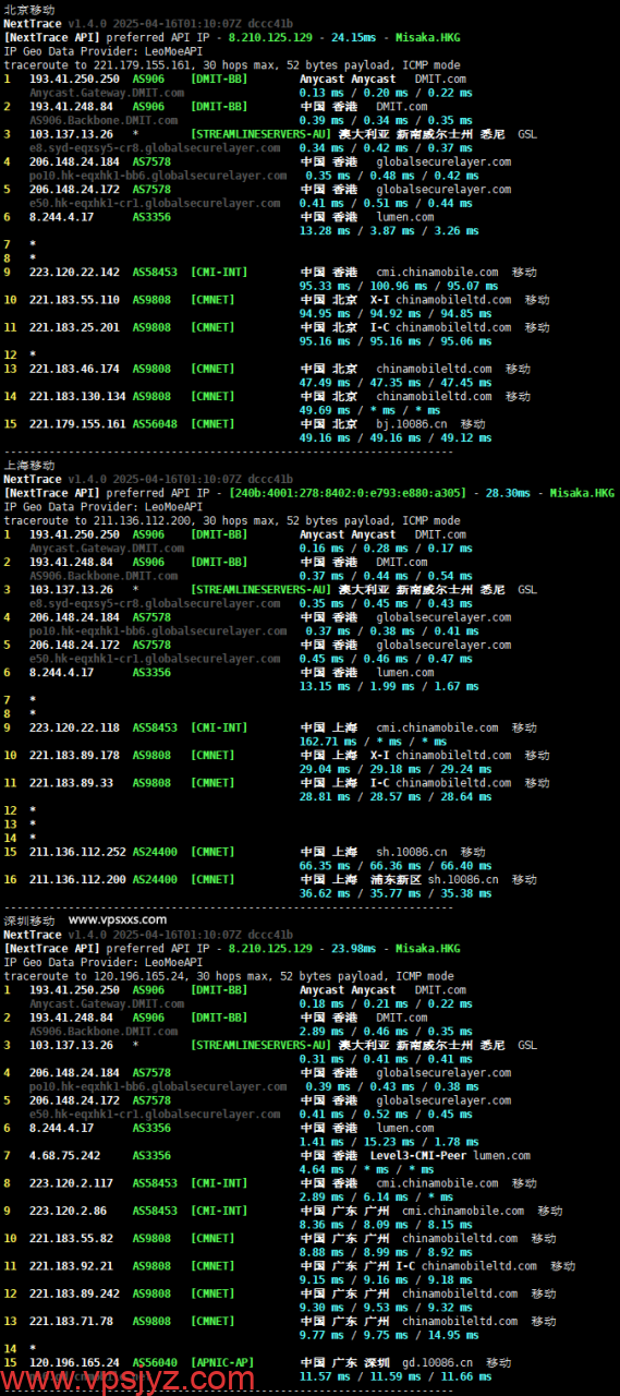 DMIT香港T1系列VPS移动回程路由