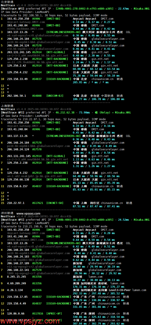 DMIT香港T1系列VPS联通回程路由