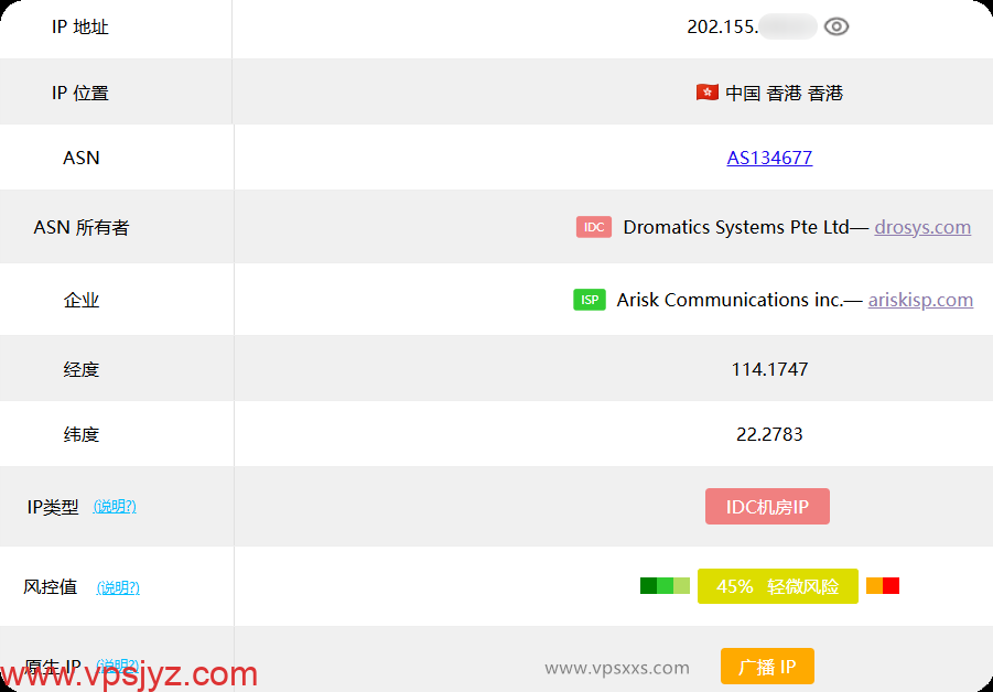 OrangeVPS香港Equinix VPS ping0.cc检测