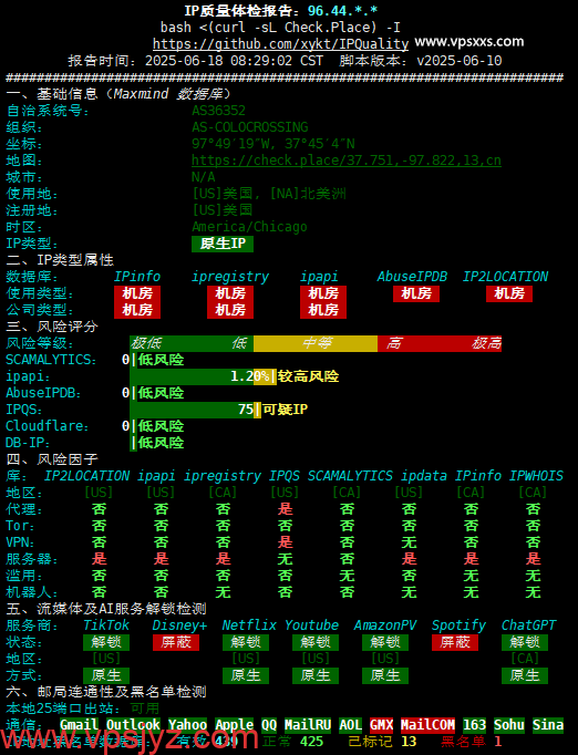 RackNerd加拿大多伦多VPS IP质量体检报告