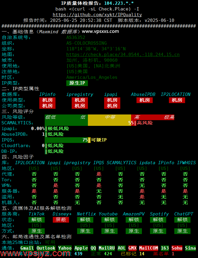 RackNerd美国洛杉矶DC03 VPS IP质量体检报告