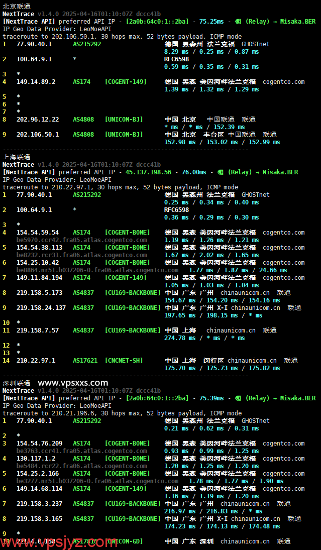 Servitro德国VPS联通回程路由