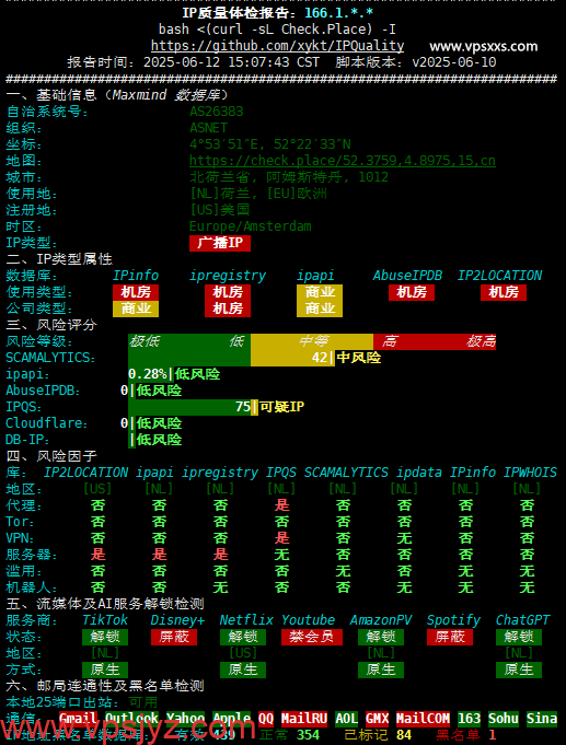 justhost荷兰VPS IP质量体检报告