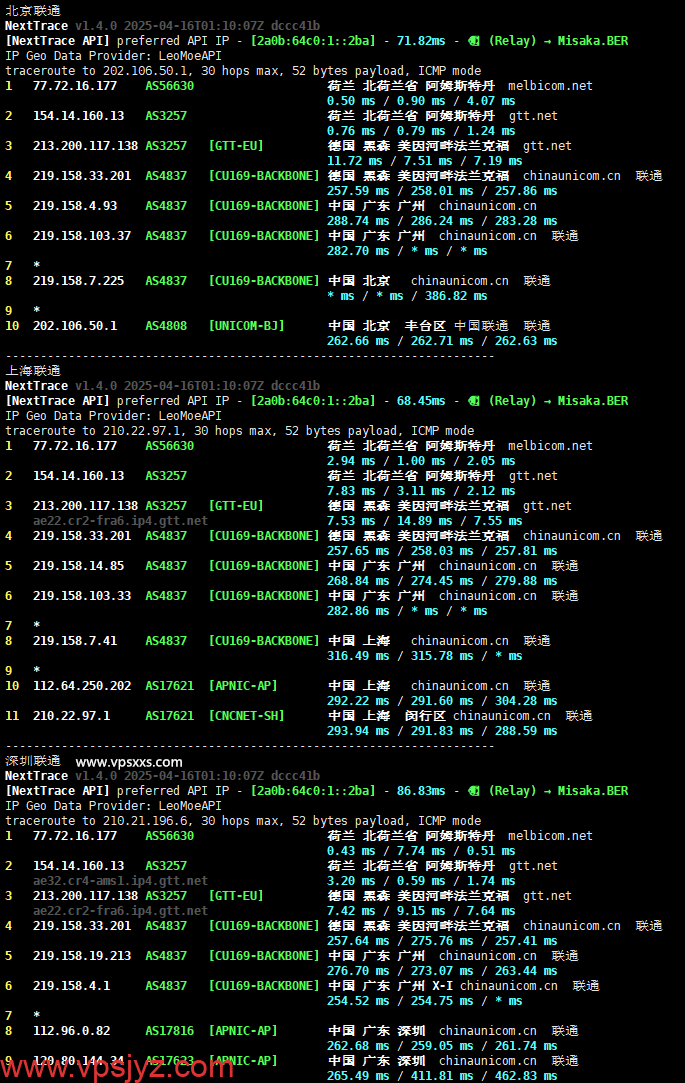 justhost荷兰VPS联通回程路由