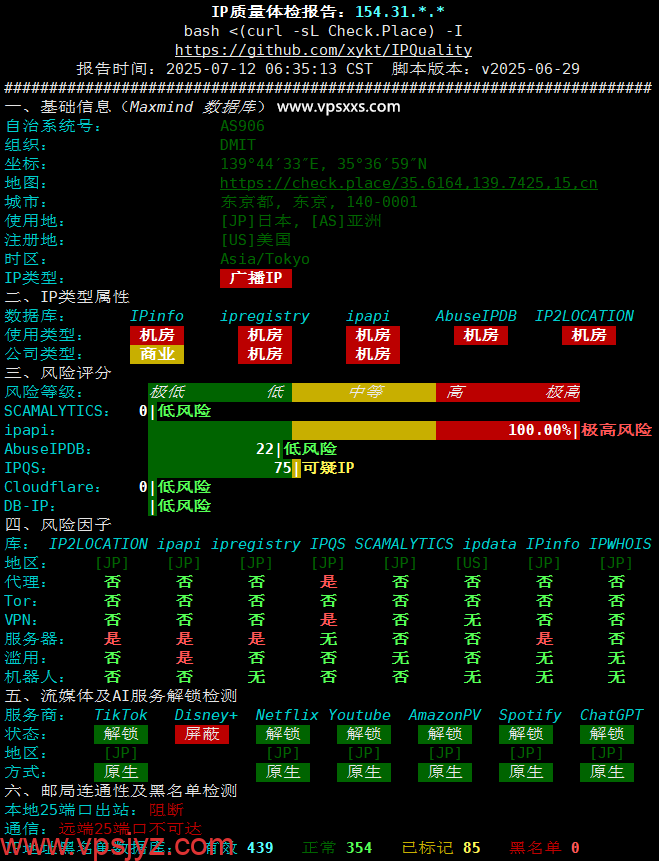 DMIT日本T1系列VPS IP质量体检报告
