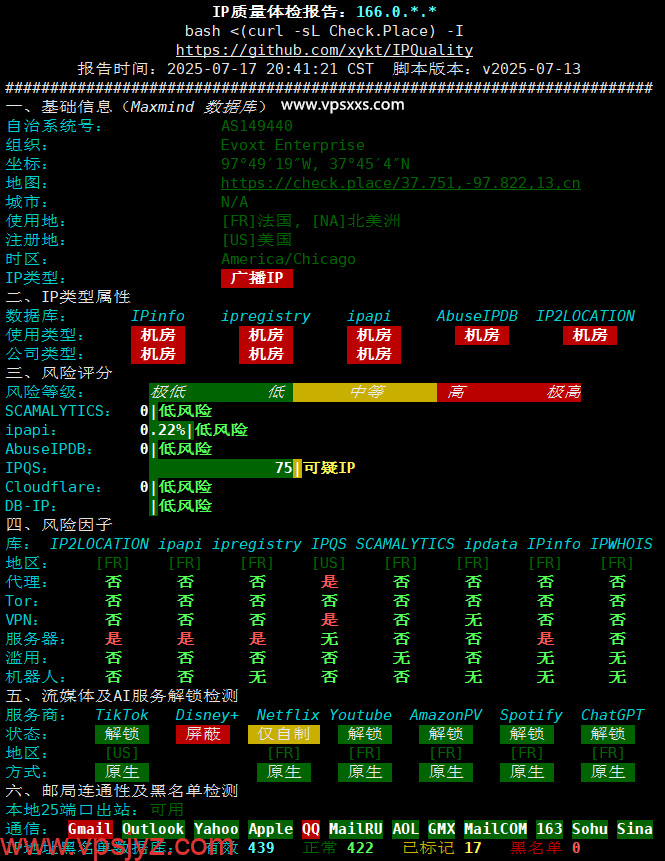 Evoxt法国巴黎VPS IP质量体检报告