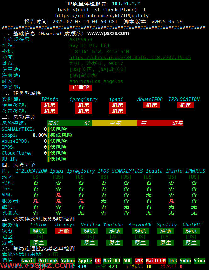 HostDare美国AMD VPS IP质量体检报告