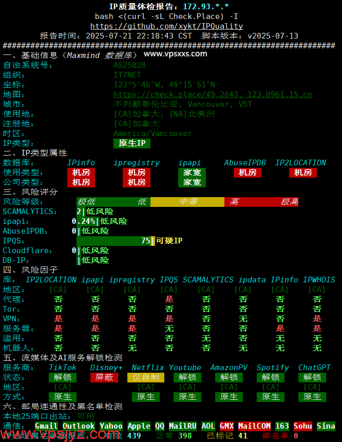 搬瓦工加拿大VPS IP质量体检报告