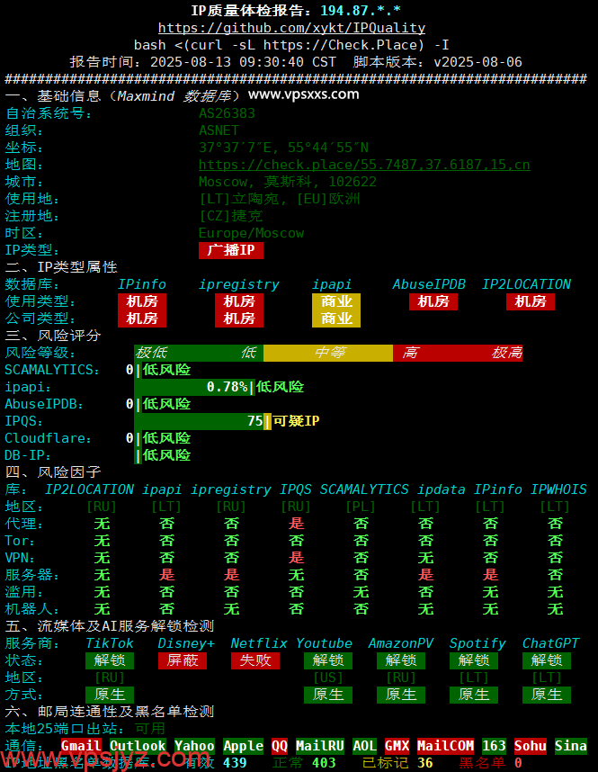 justhost立陶宛VPS IP质量体检报告