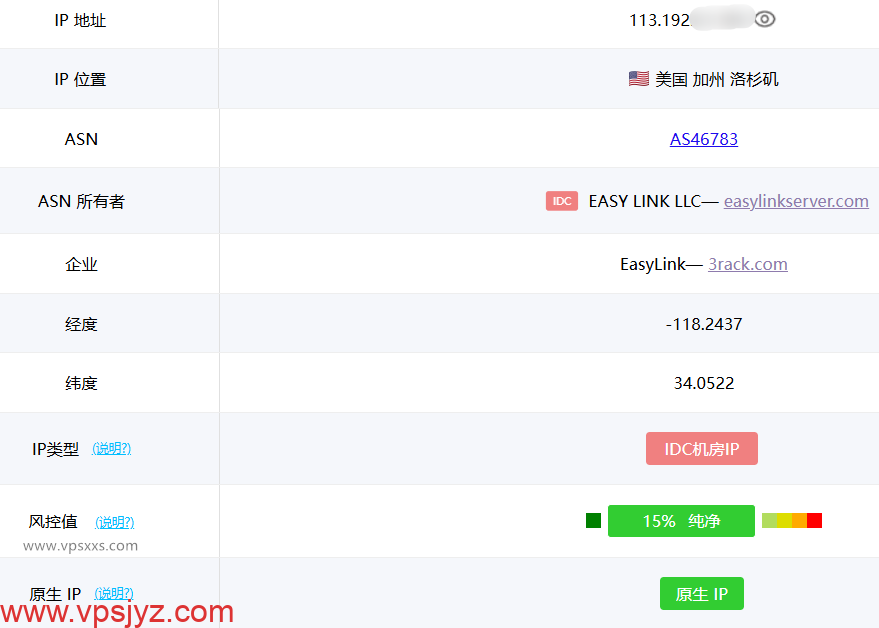 EasyLink美国洛杉矶Premium VPS ping0.cc是否家宽IP检测
