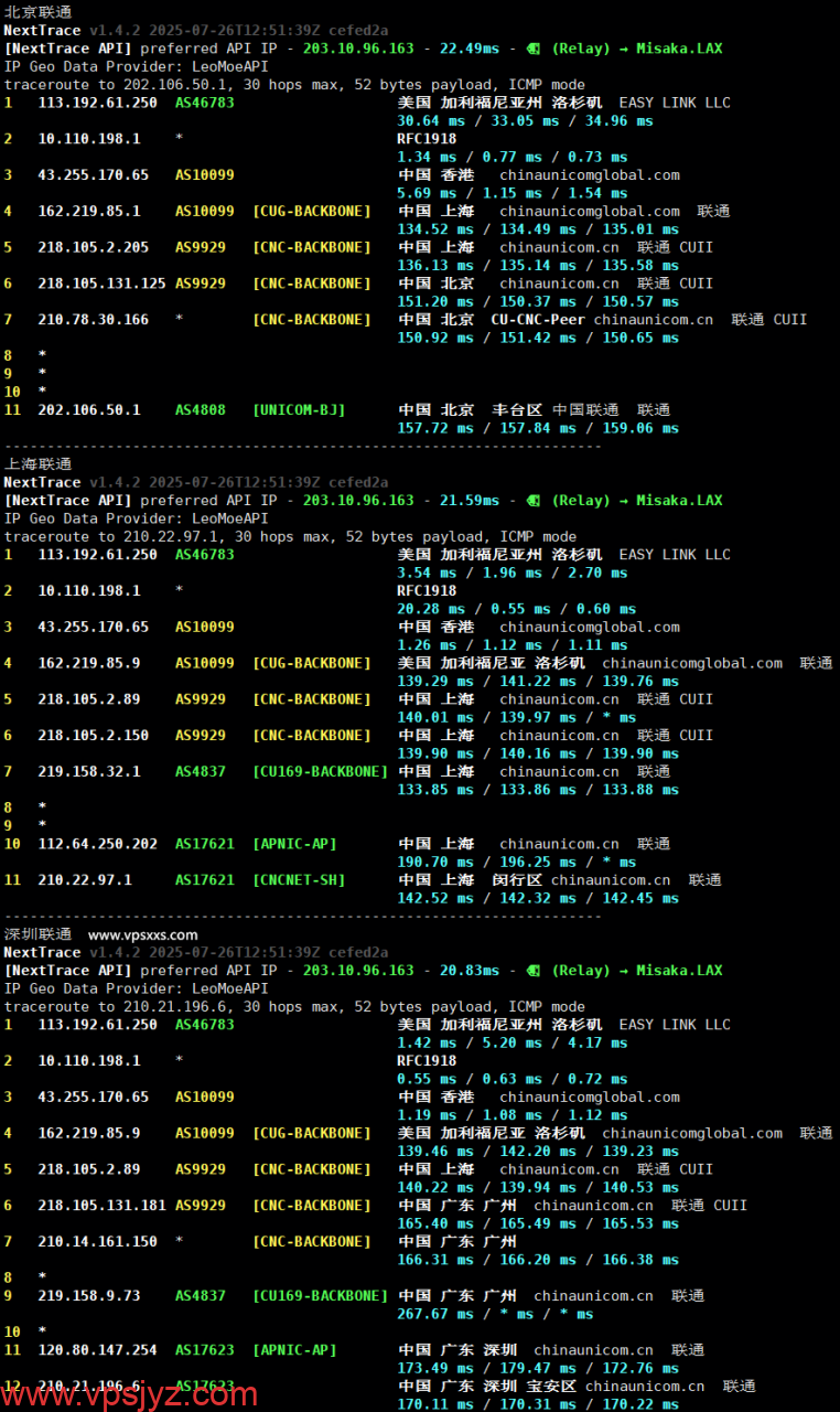 EasyLink美国洛杉矶Premium VPS联通回程路由