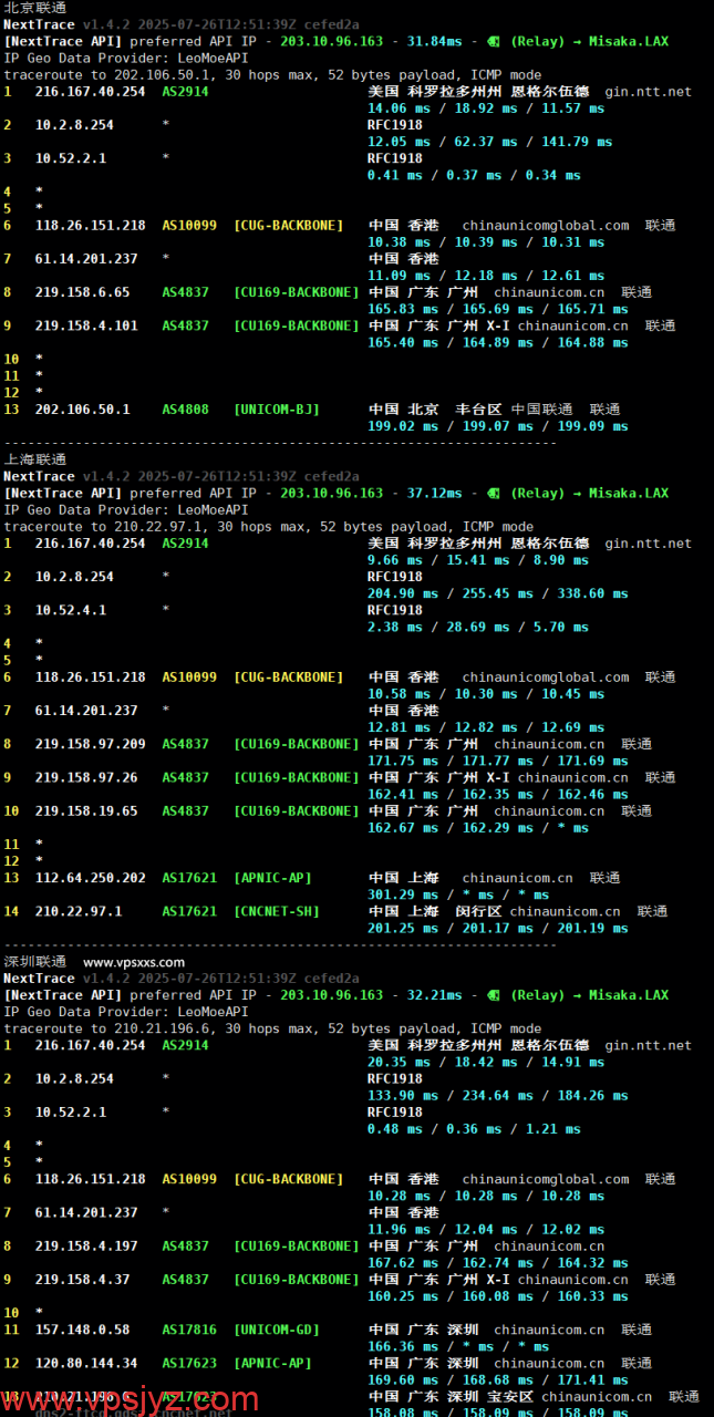 六六云美西NTT原生双ISP VPS联通回程路由