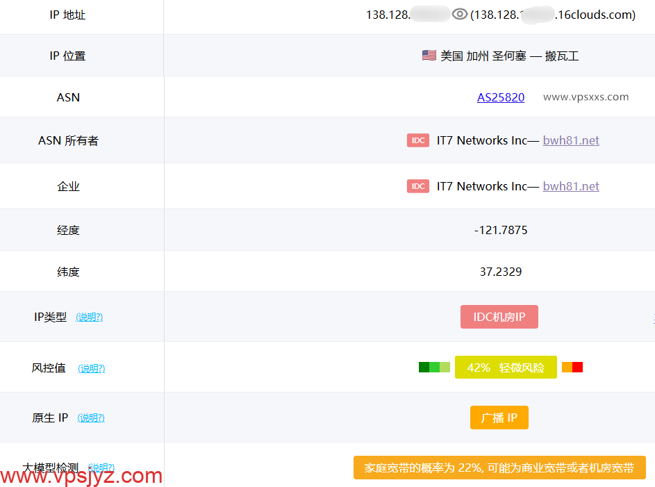 搬瓦工美国圣何塞CN2 GIA VPS ping0.cc是否家宽IP检测