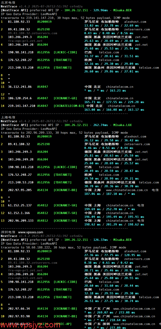 AlexHost罗马尼亚VPS电信回程路由