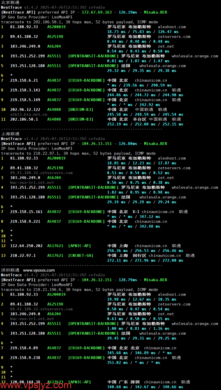 AlexHost罗马尼亚VPS联通回程路由