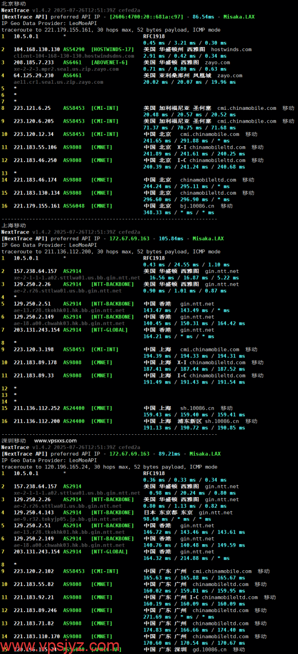 Hostwinds美国西雅图VPS移动回程路由