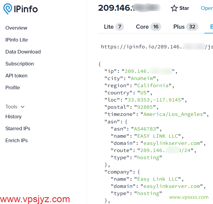 vmrack美国洛杉矶Platinum VPS ipinfo.io是否住宅IP检测