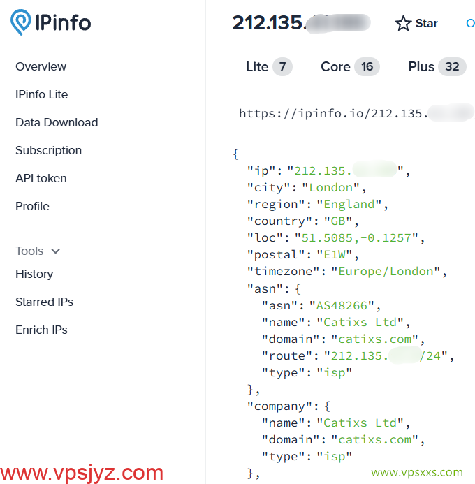 丽萨主机英国catixs VPS ipinfo.io是否住宅IP检测