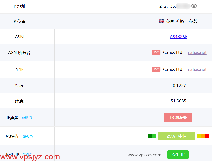 丽萨主机英国catixs VPS ping0.cc是否家庭IP检测