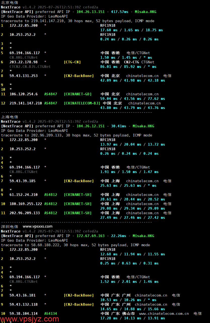 搬瓦工香港CN2 GIA VPS电信回程路由