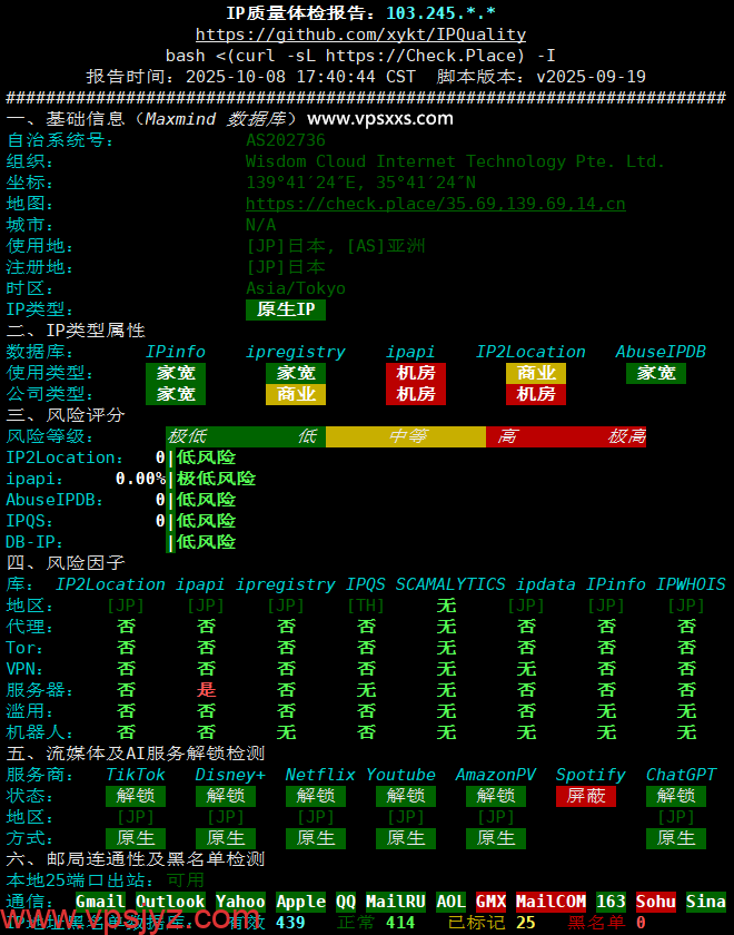 荫云日本双ISP VPS IP质量体检报告