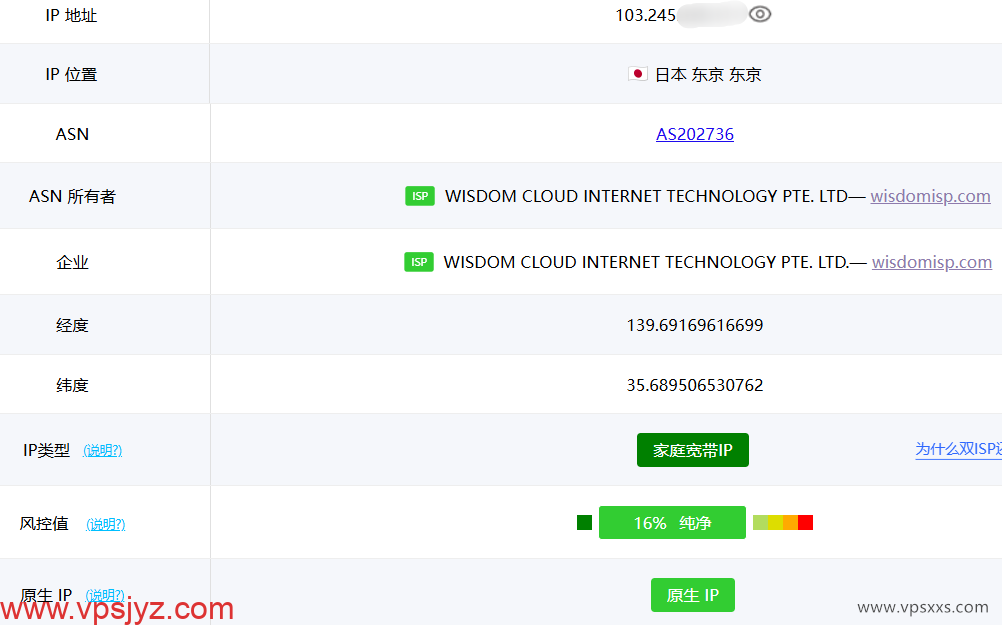 荫云日本双ISP VPS ping0.cc是否家庭IP检测