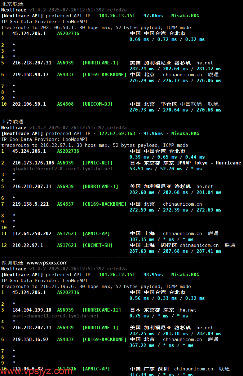 荫云日本双ISP VPS联通回程路由