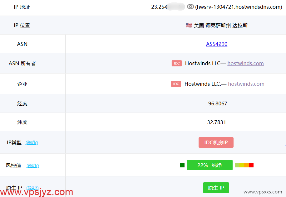 Hostwinds美国达拉斯VPS ping0.cc是否家庭IP检测