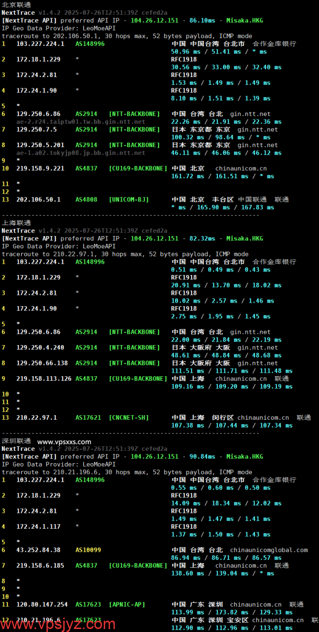 丽萨主机台湾VPS联通回程路由
