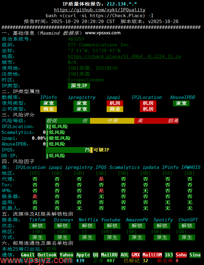 丽萨主机英国GTT住宅VPS IP质量体检报告