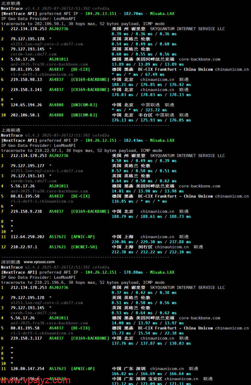 丽萨主机英国GTT住宅VPS联通回程路由