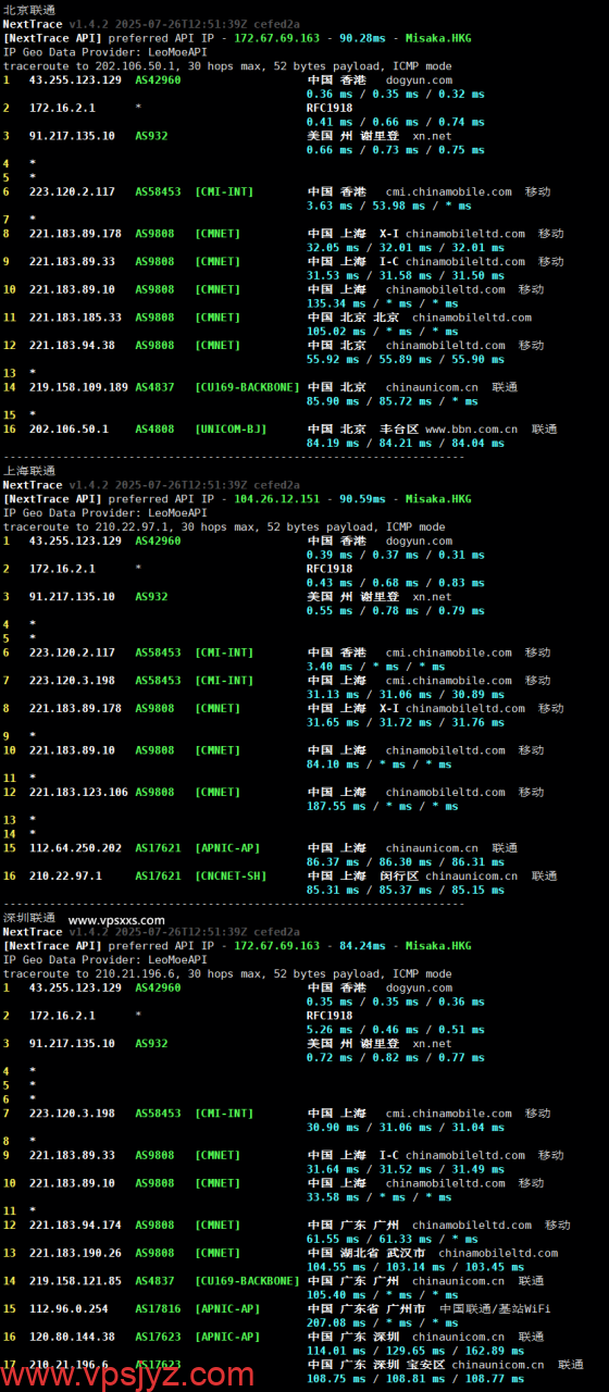 吉云香港CMI VPS联通回程路由