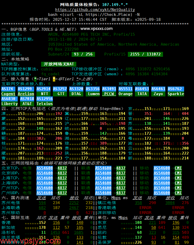 RAKsmart美国西雅图大陆优化VIP VPS网络质量体检报告