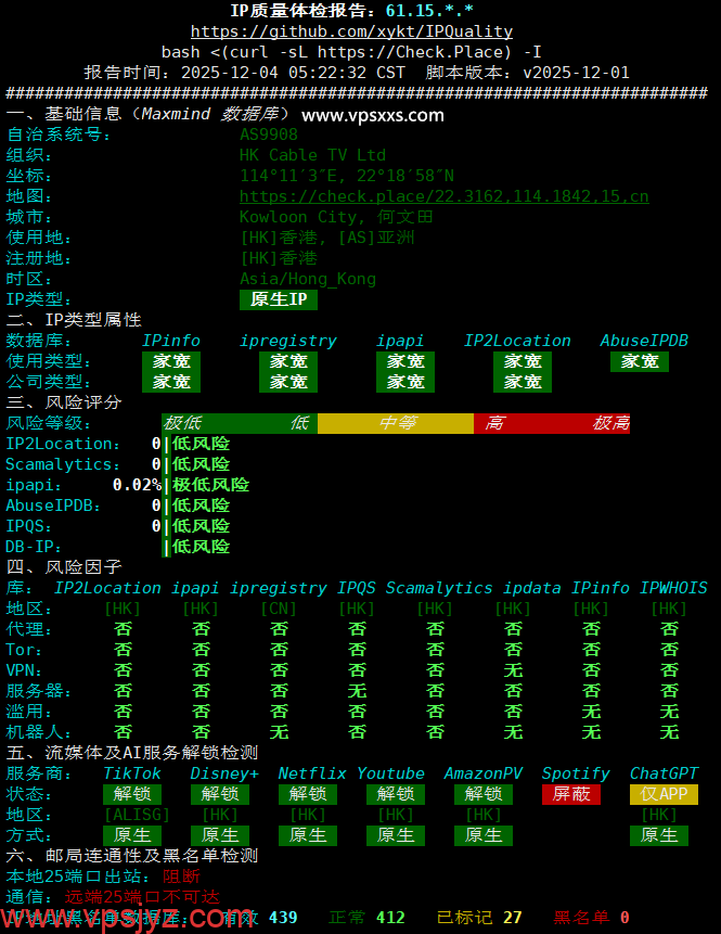 丽萨主机香港iCable住宅VPS IP质量体检报告