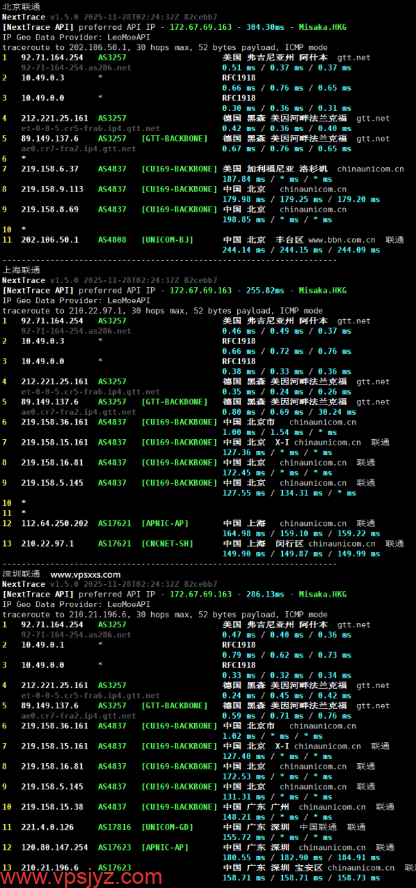 六六云德国原生IP VPS联通回程路由