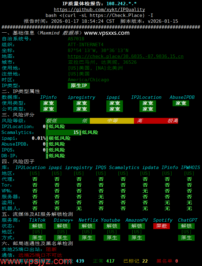 AaITR美国ATT静态家宽VPS IP质量体检报告