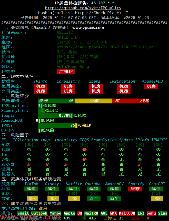 AkileCloud香港HKLite VPS IP质量体检报告