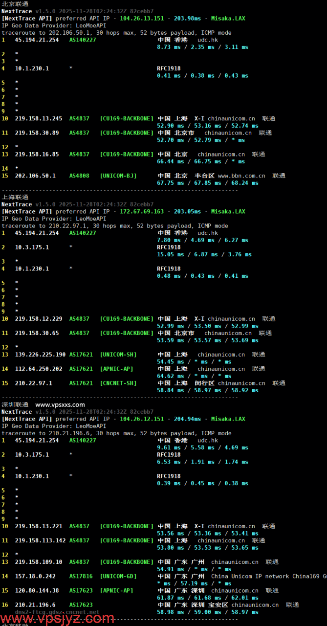 Jtti香港轻量云服务器联通回程路由