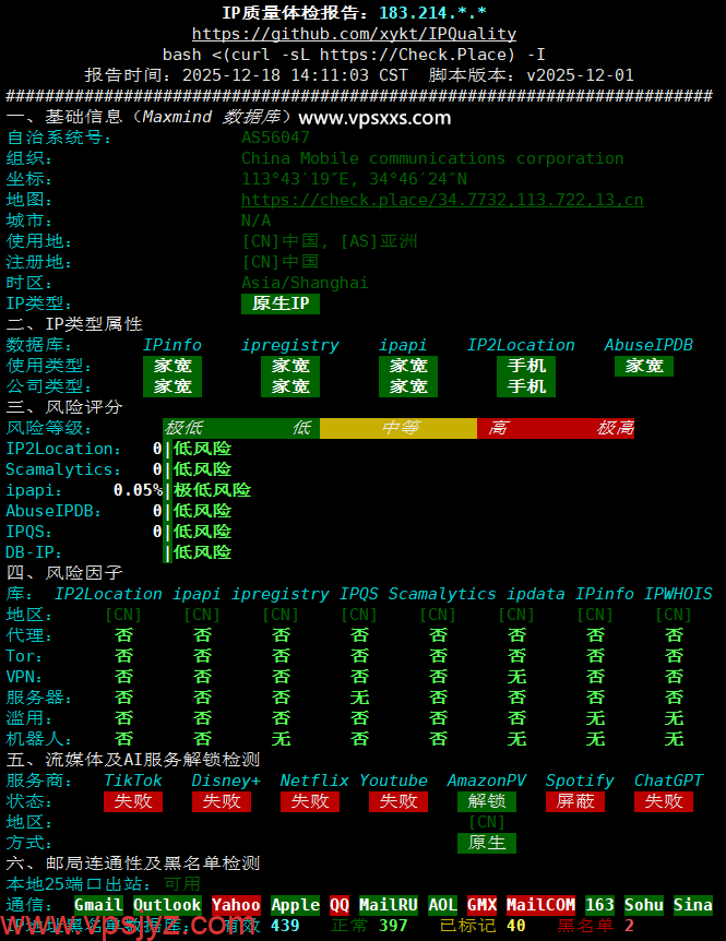 LOCVPS湖南移动VPS IP质量体检报告