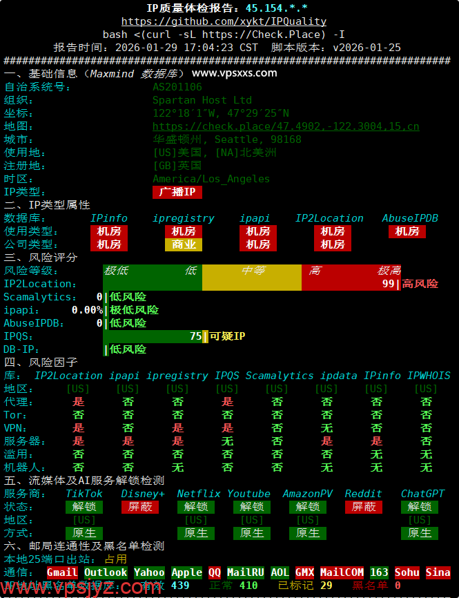 Tudcloud美国西雅图VPS IP质量体检报告