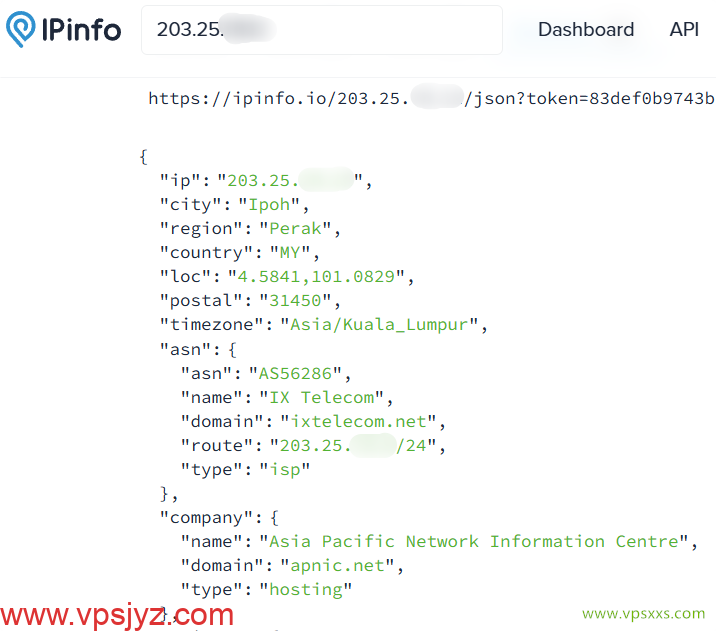 WePC马来西亚TikTok VPS ipinfo.io是否住宅IP检测