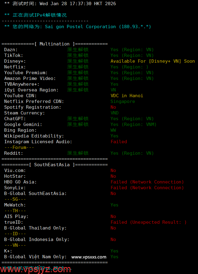 丽萨主机越南双ISP VPS流媒体解锁能力测试