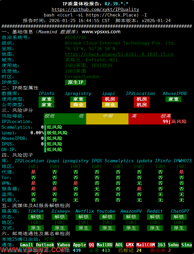 荫云英国双ISP VPS IP质量体检报告