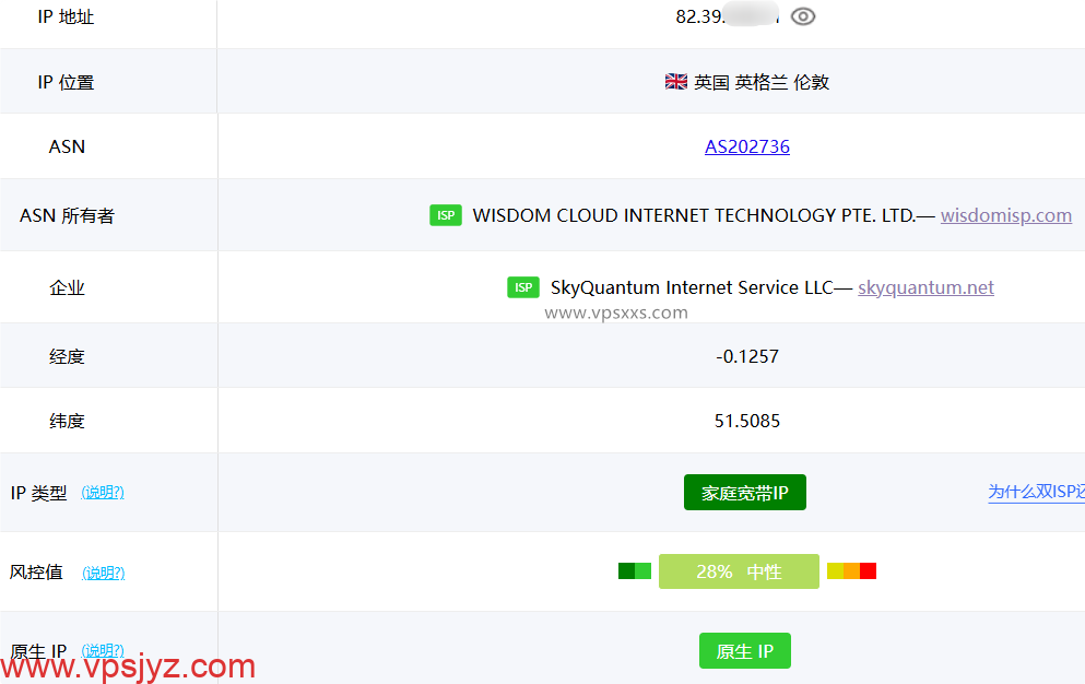 荫云英国双ISP VPS ping0.cc是否家庭IP检测