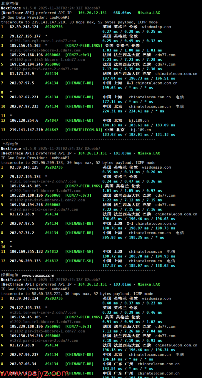 荫云英国双ISP VPS电信回程路由
